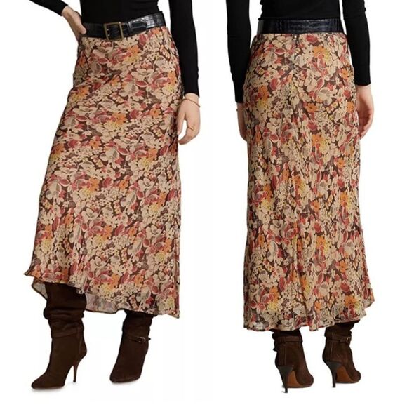 Polo Ralph Lauren Aja Floral Print Fall Brown Midi Skirt 00 $ 498.00 NWT - Picture 1 of 8